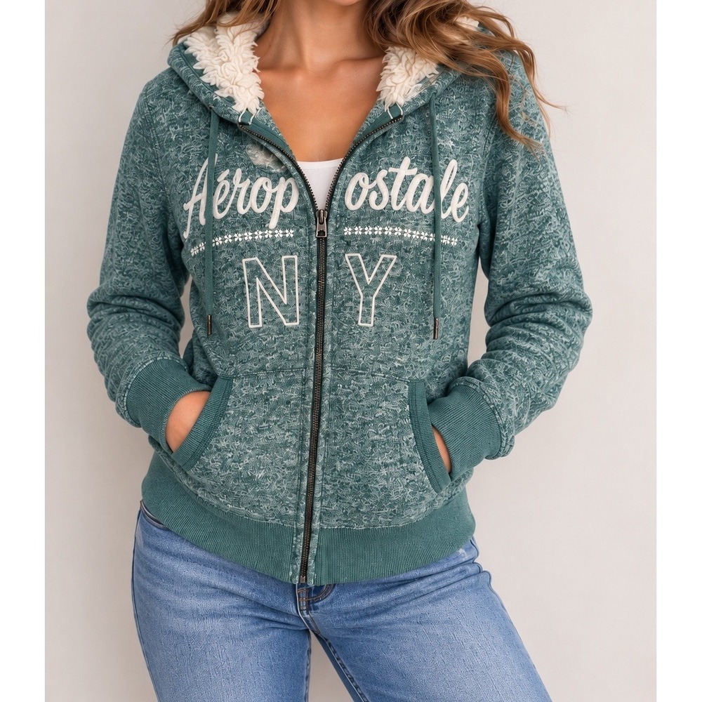 Aeropostale Womens Y2K Vintage Knit Fleece Fur Hoodie Sz M Green White Full Zip